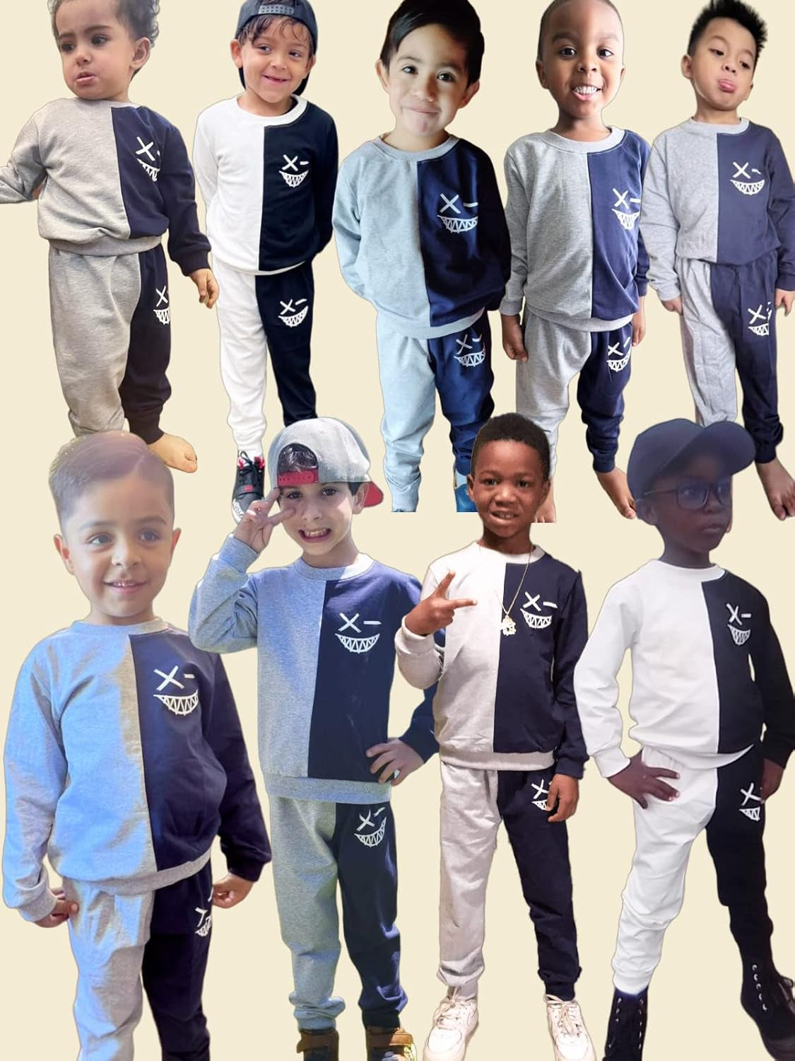 Toddler Baby Boy Clothes Cartoon Face Print Two Tone Sweatshirt and Sweatpants Fall Winter 2Pcs Clothing Set