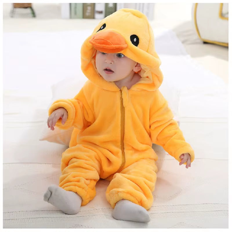 Baby Rompers Kids Cosplay Winter Flannel One-Pieces Hooded Jumpsuits Stitch Jumpers Overall Girl Grows Boy Growings Roupa Bebes