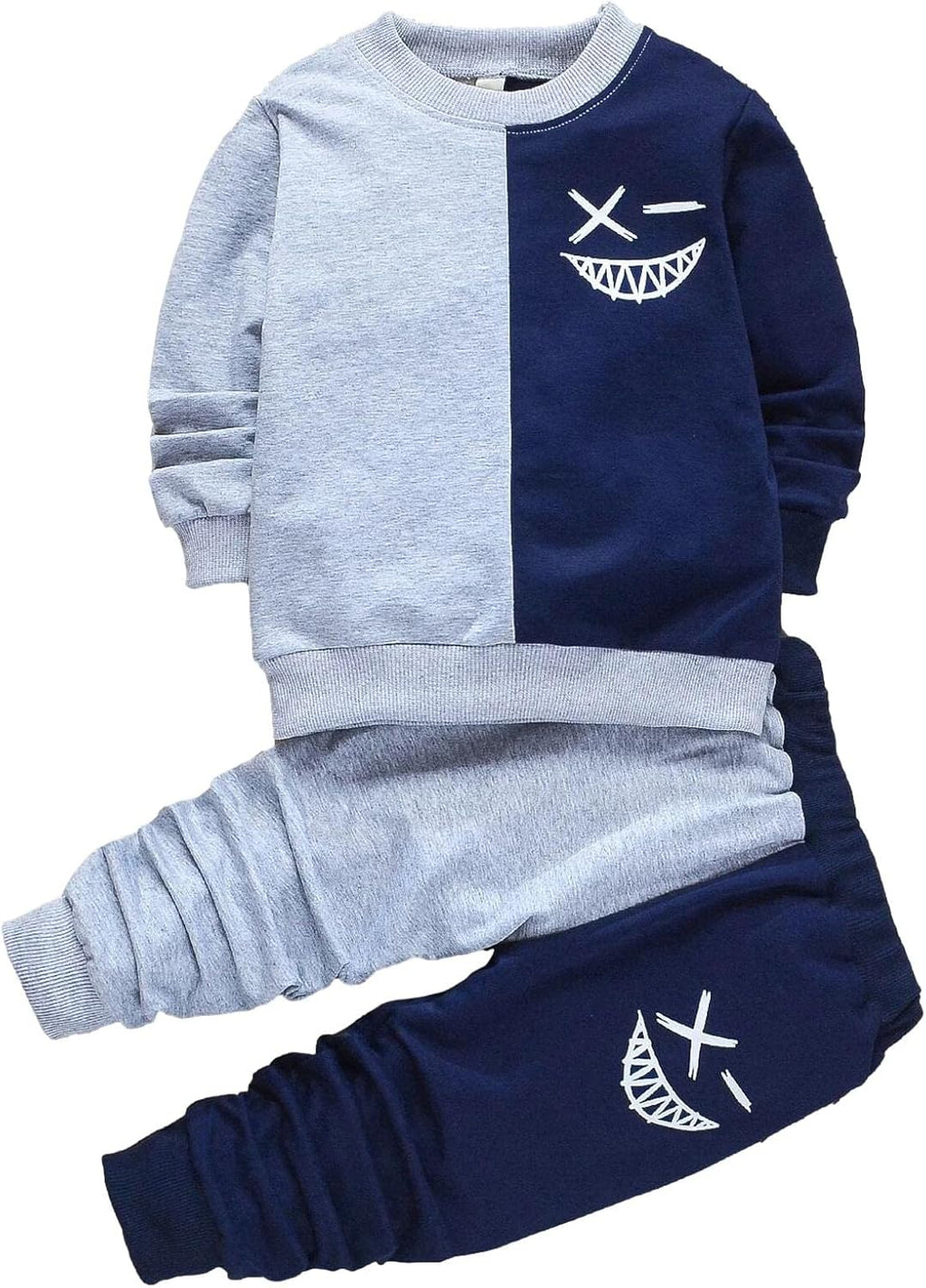 Toddler Baby Boy Clothes Cartoon Face Print Two Tone Sweatshirt and Sweatpants Fall Winter 2Pcs Clothing Set