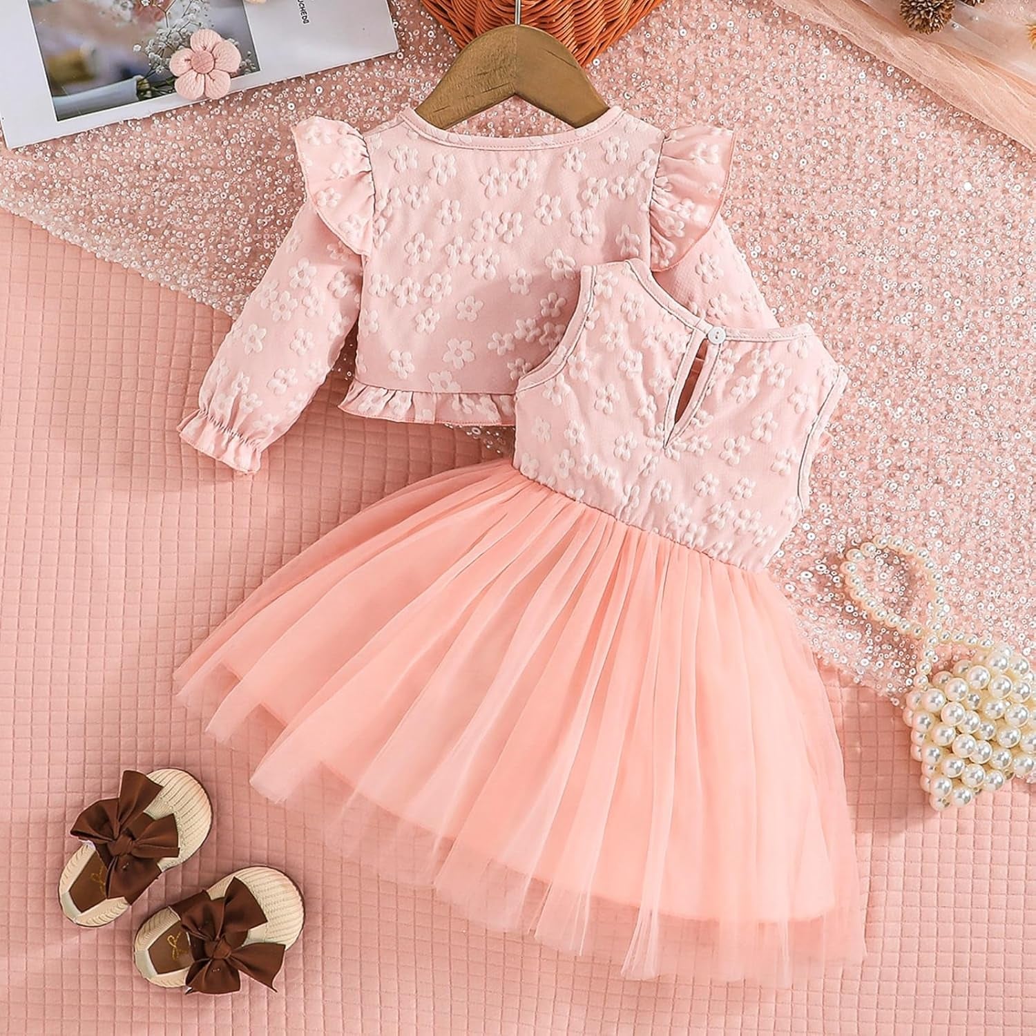 Toddler Lace Dress and Cardigan 2PCS Little Girls Floral Cardigan Tulle Skirt Set Spring Summer Fall Dresses Outfits