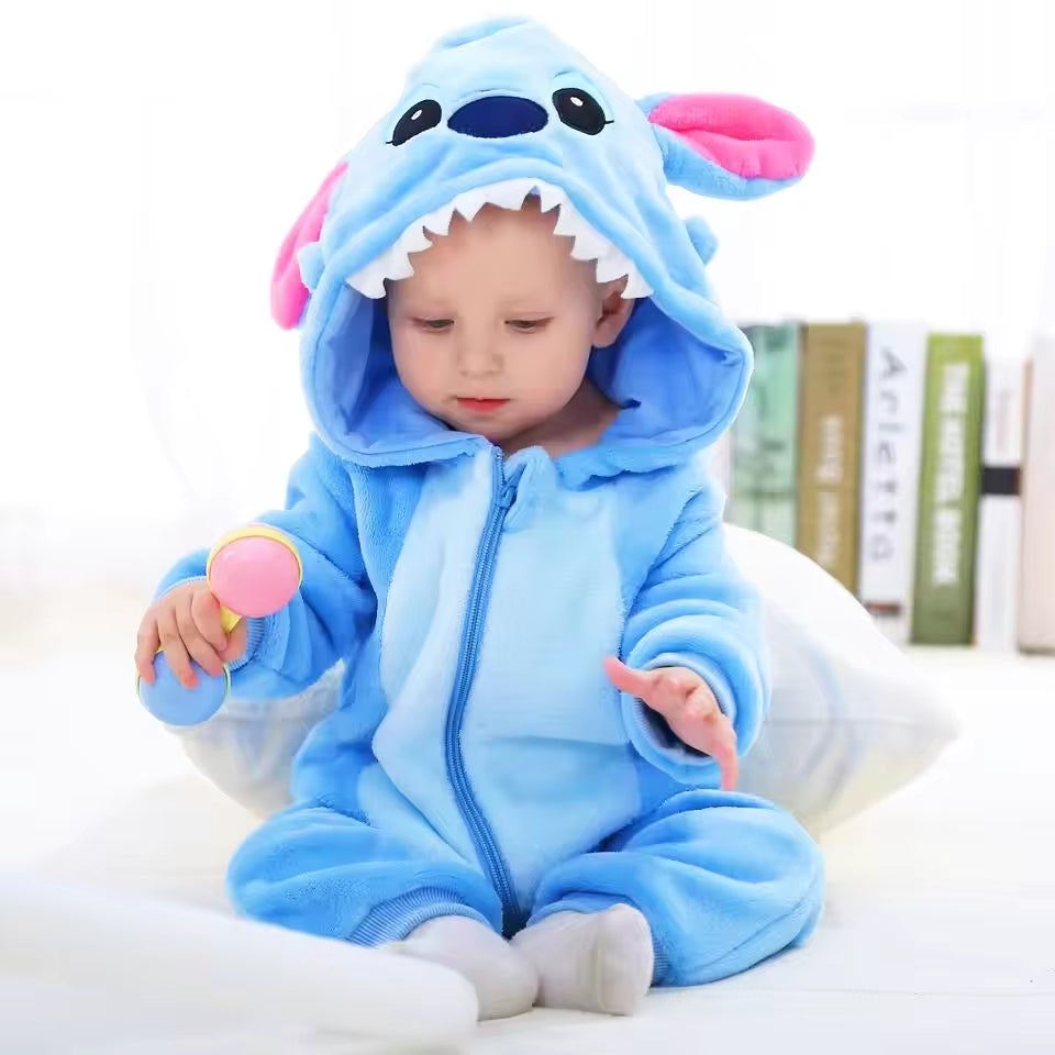 Baby Rompers Kids Cosplay Winter Flannel One-Pieces Hooded Jumpsuits Stitch Jumpers Overall Girl Grows Boy Growings Roupa Bebes